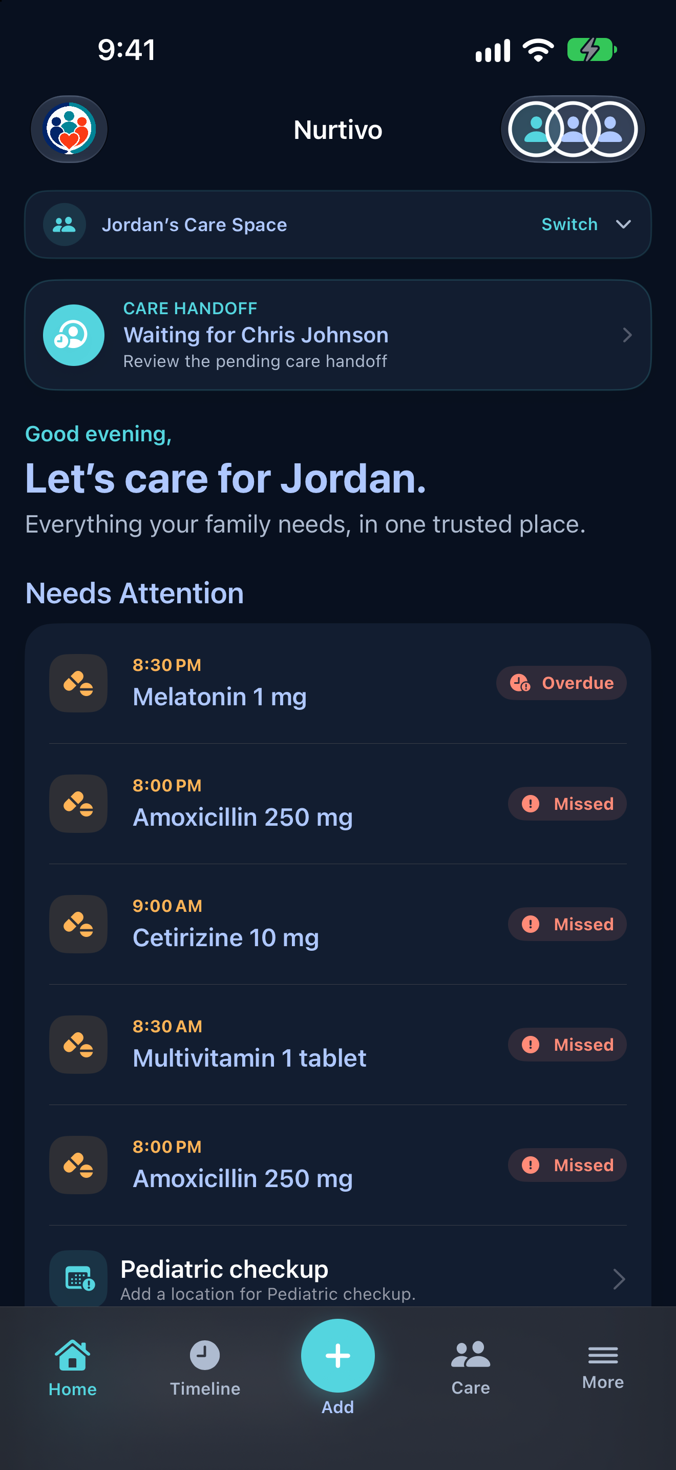 Nurtivo Home screen in Dark Mode.