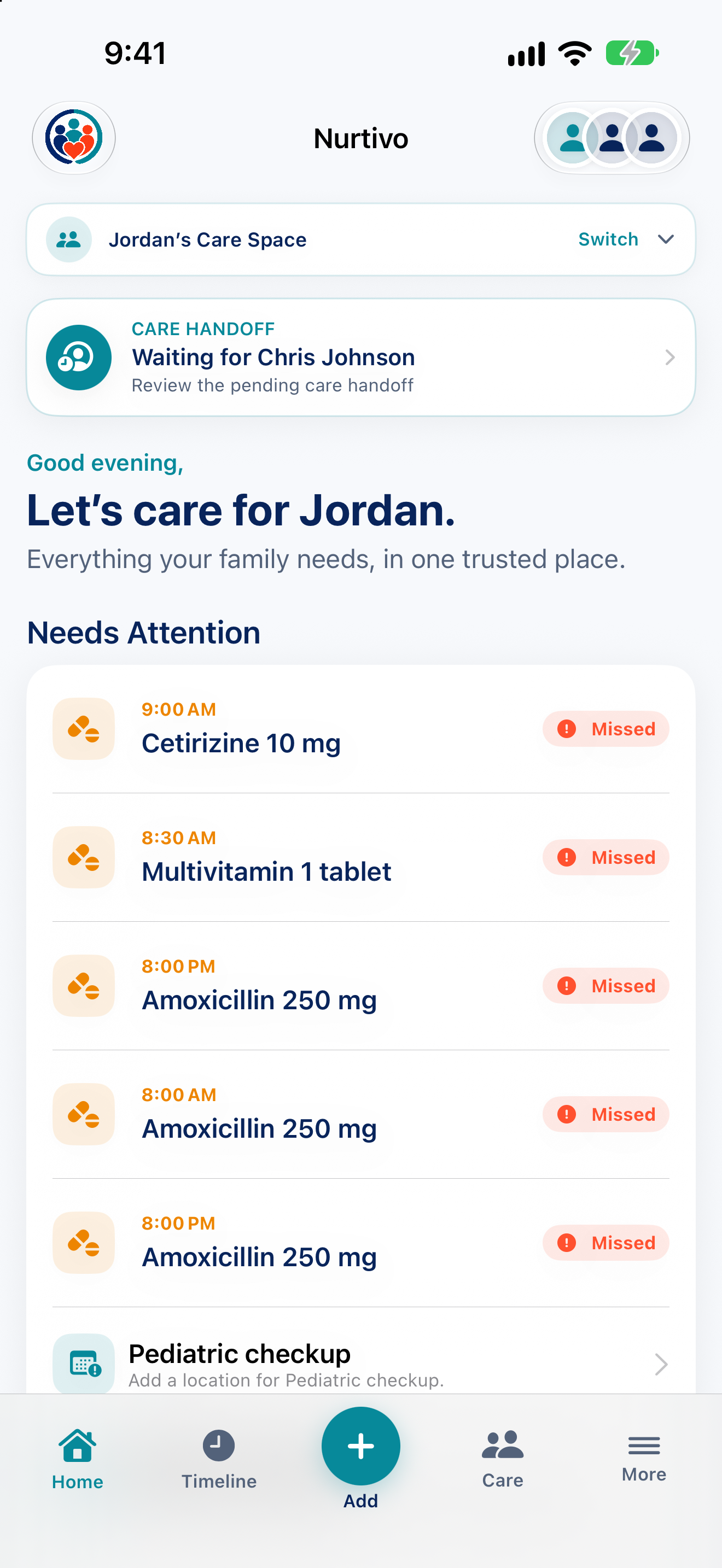 Nurtivo Home screen in Light Mode showing an organized family care space.