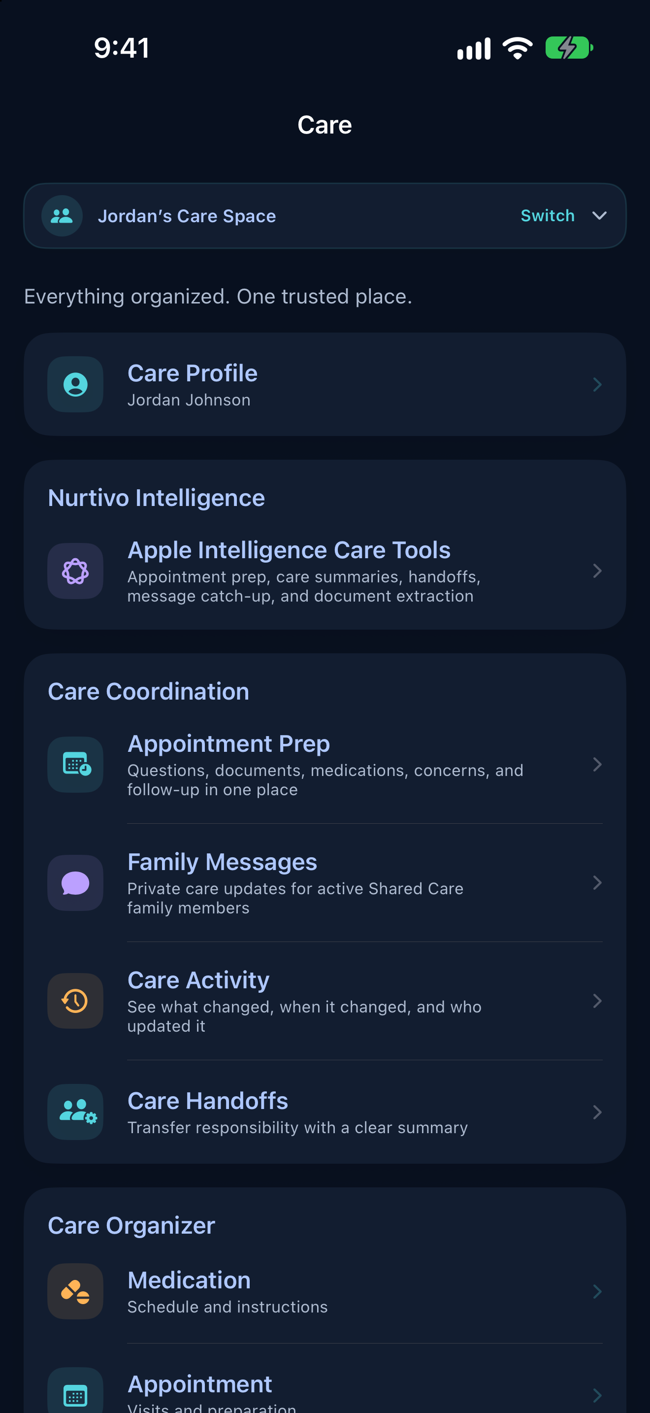 Nurtivo Care Hub in Dark Mode with family coordination tools.
