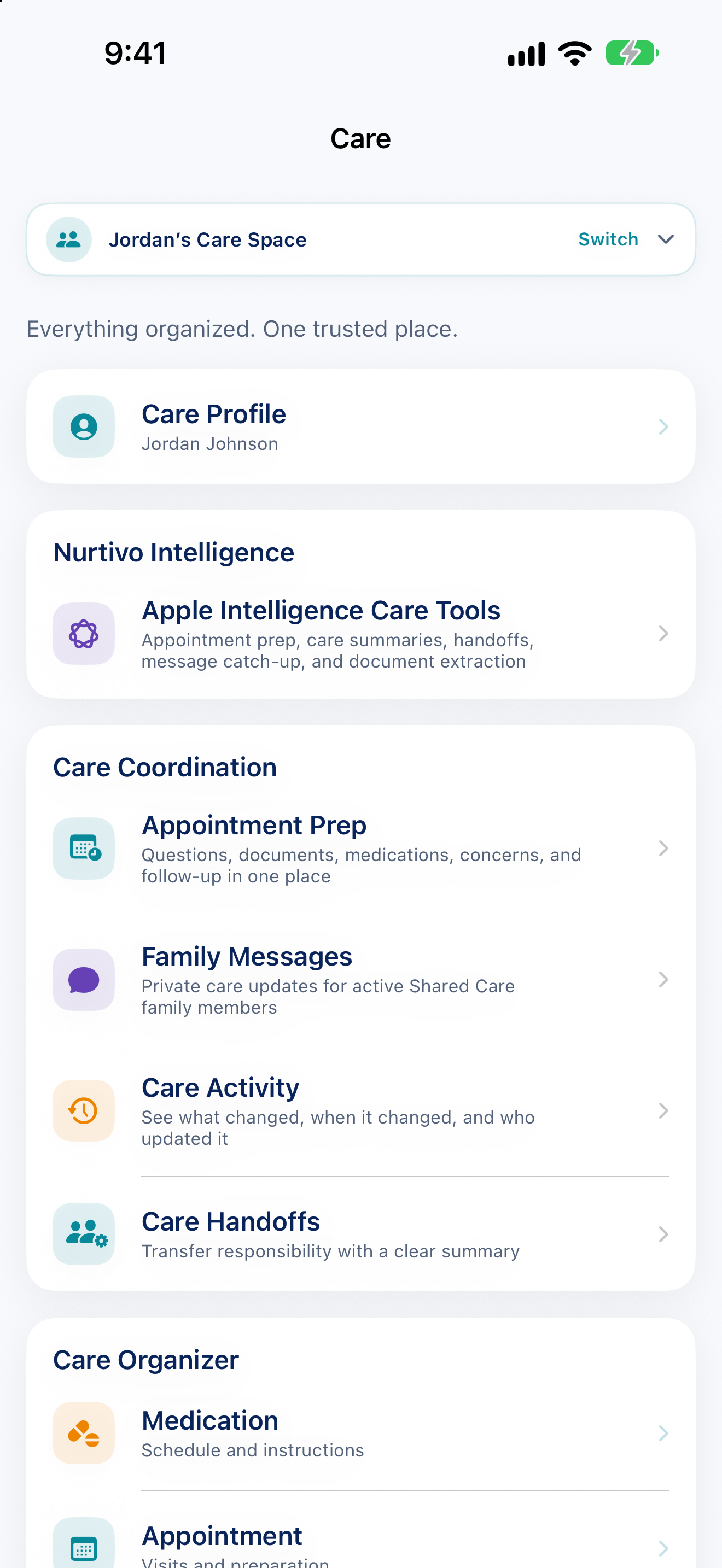 Nurtivo Care Hub in Light Mode.