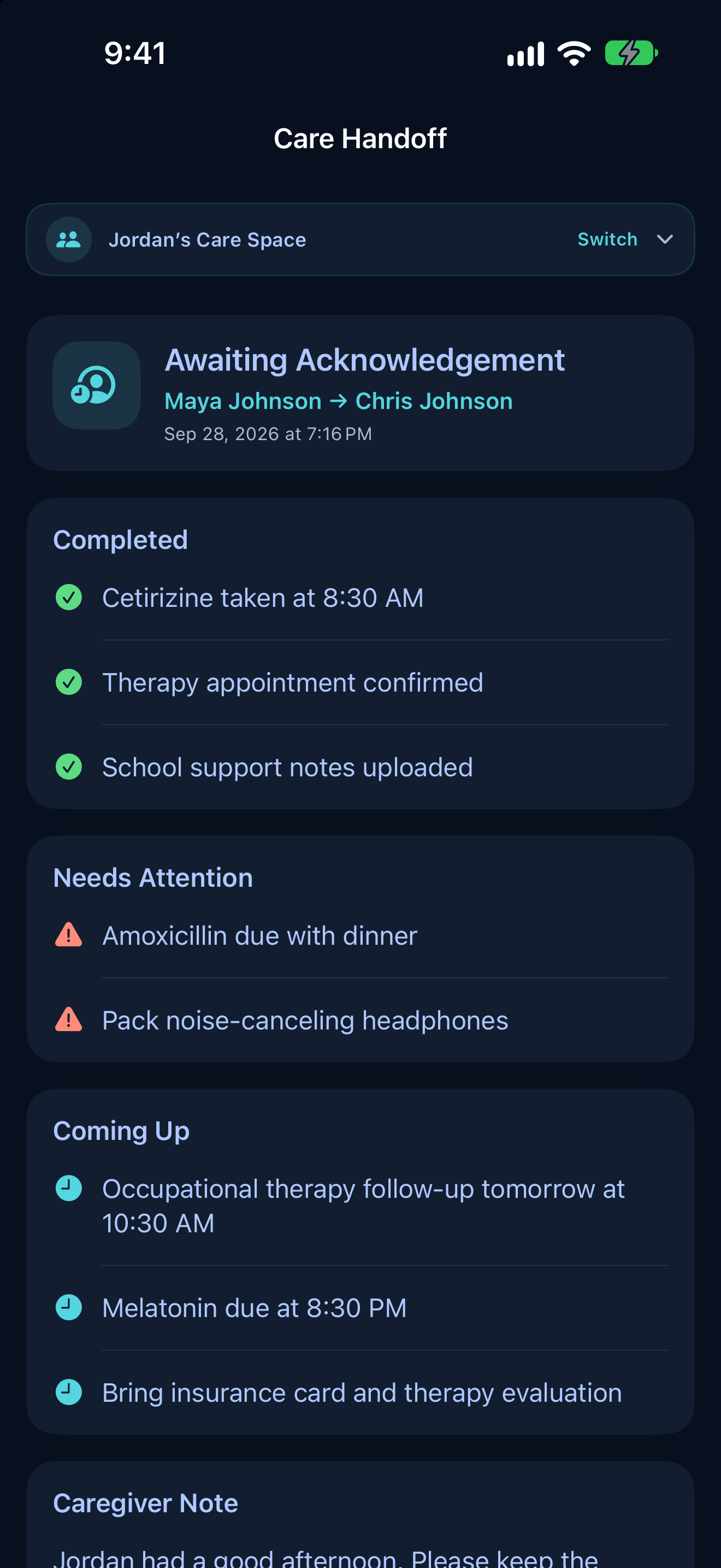 Nurtivo Care Handoff screen in Dark Mode.