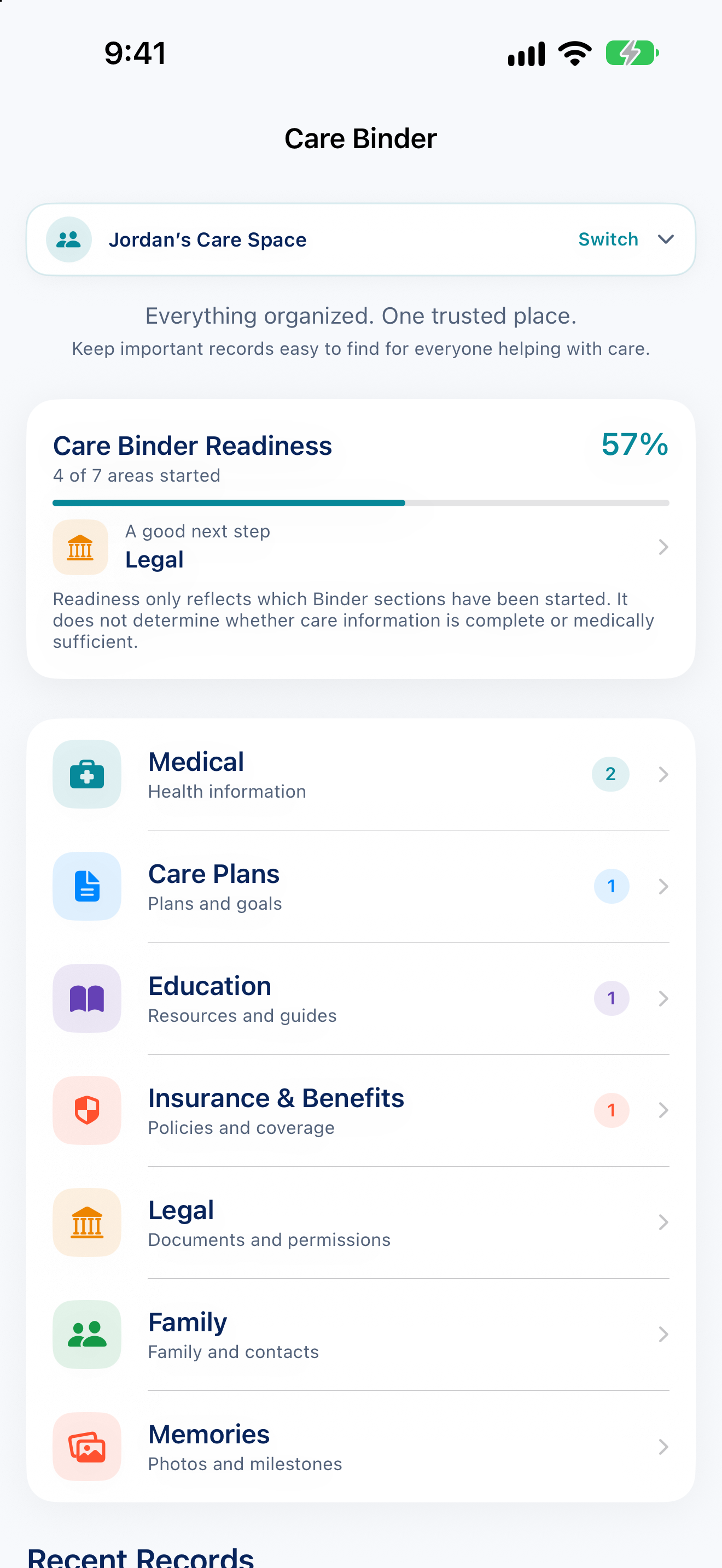 Nurtivo Care Binder screen in Light Mode.