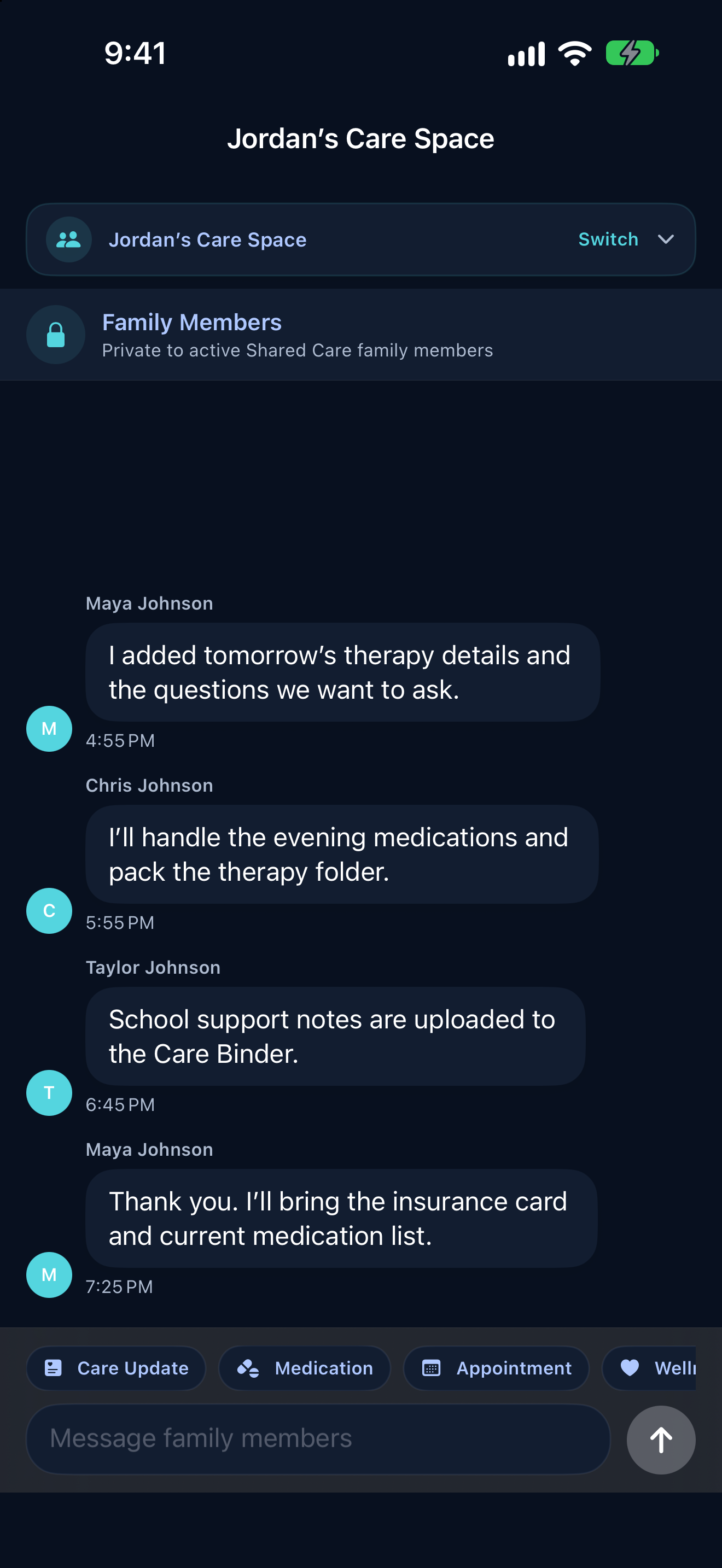 Nurtivo Shared Care family messages in Dark Mode.