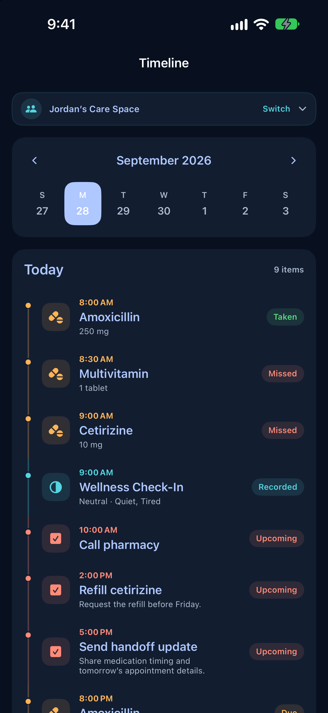 Nurtivo Care Timeline screen in Dark Mode.