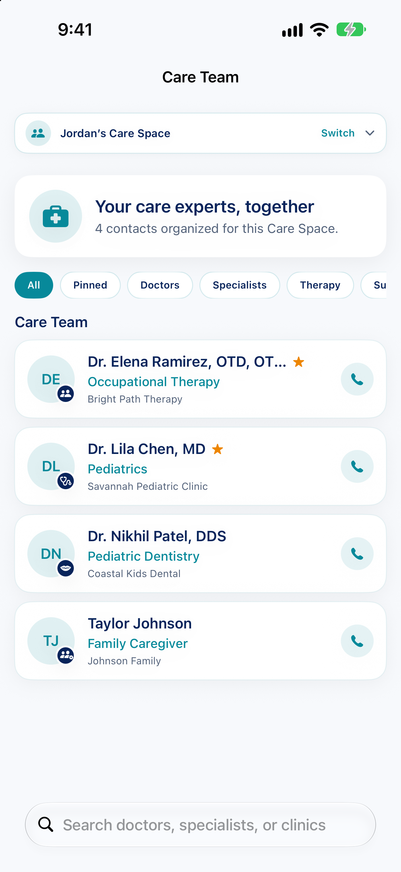 Nurtivo Care Team screen in Light Mode.