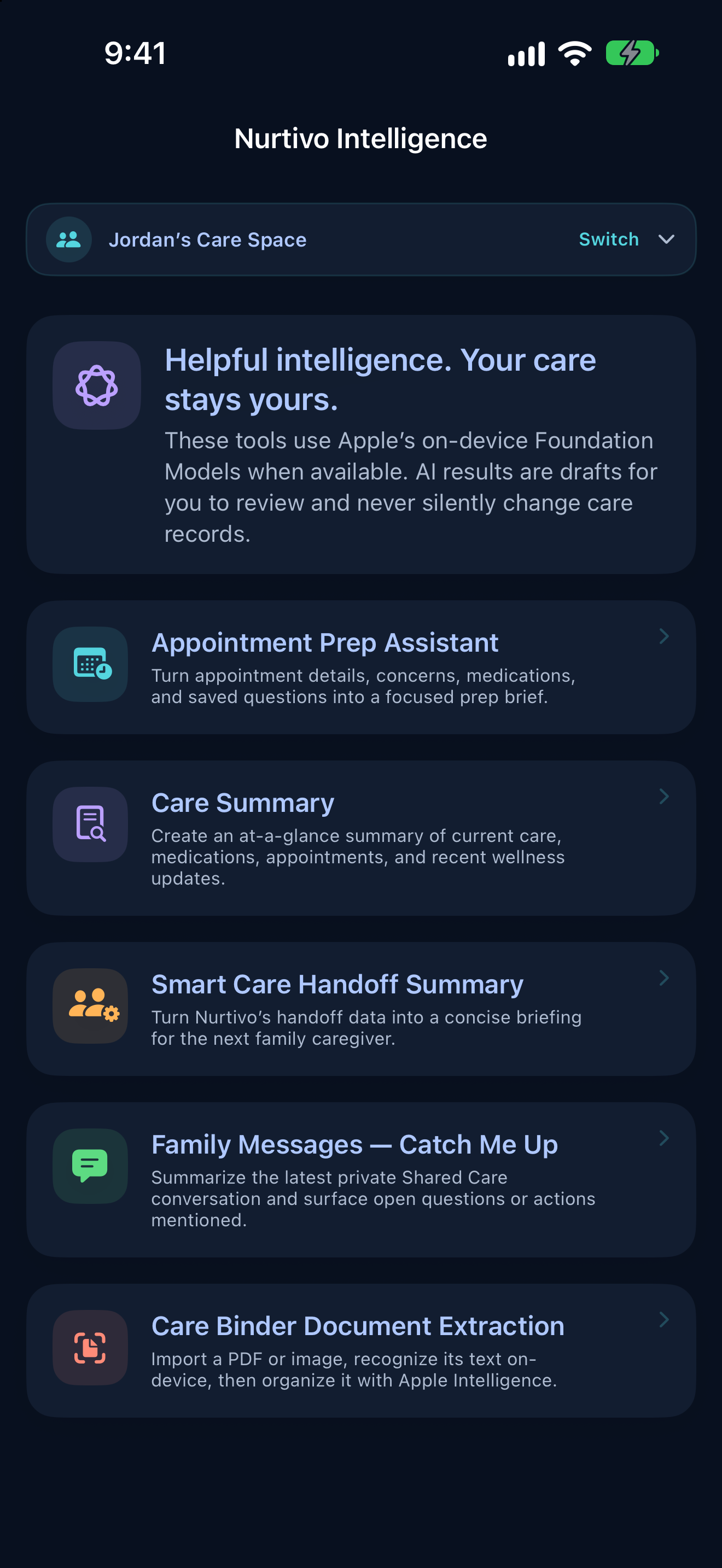 Nurtivo Intelligence screen in Dark Mode.